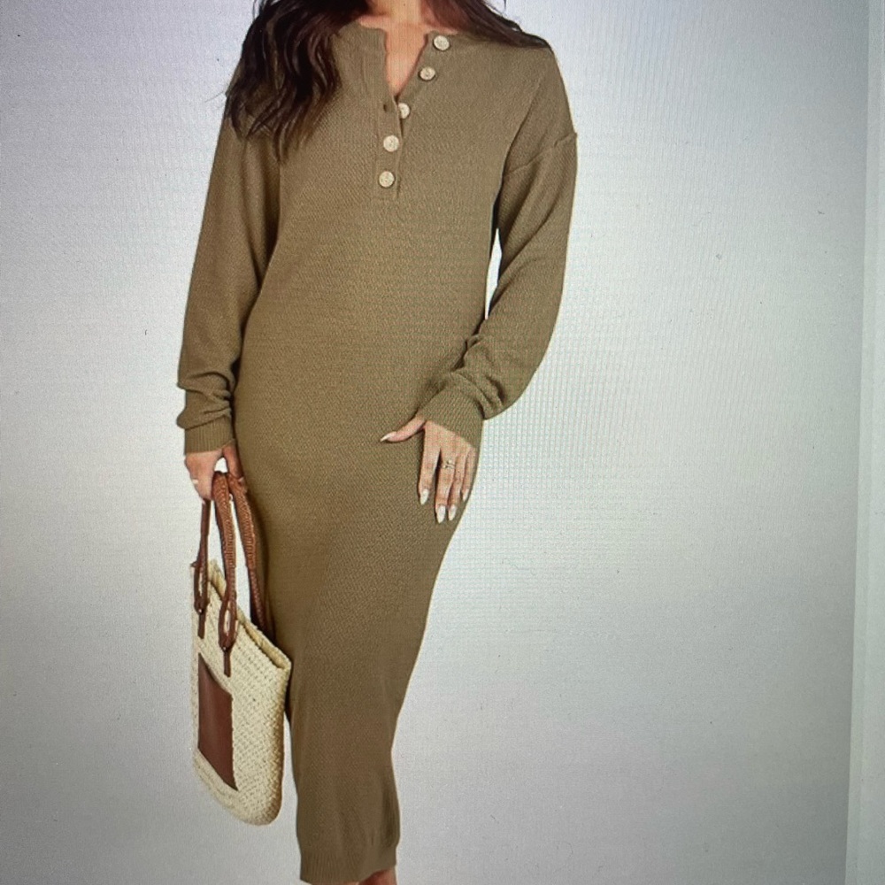 Khaki Button-Up Knit Dress